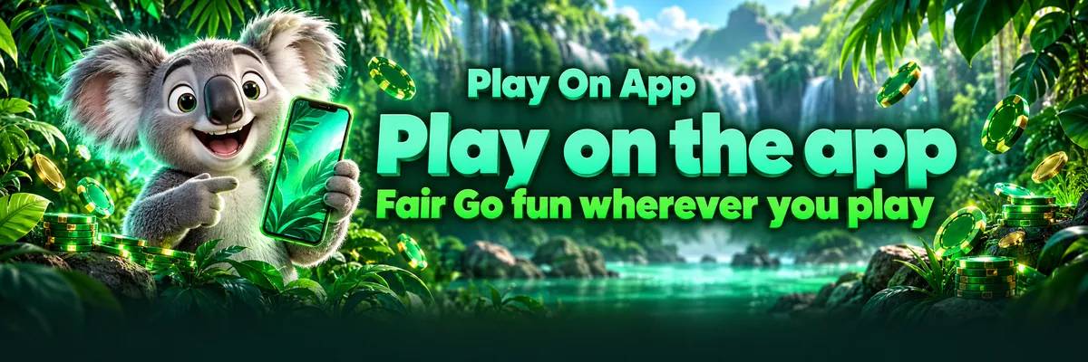 Kev holds a glowing mobile screen between tropical leaves, with casino chips and star badges arranged around the app-focused composition