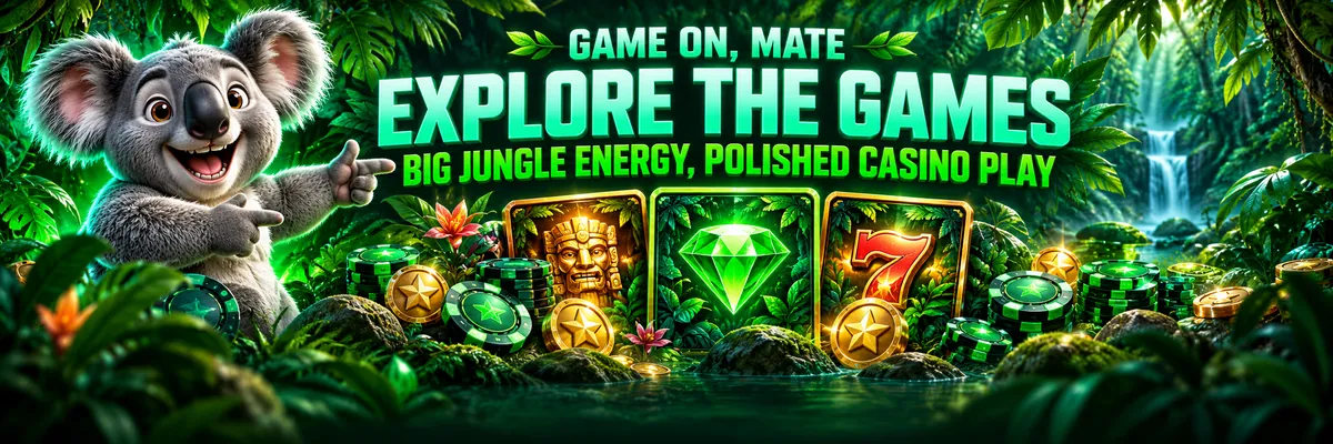 Kev the koala leans over a fan of branded playing tokens and colourful game tiles surrounded by vivid green rainforest leaves